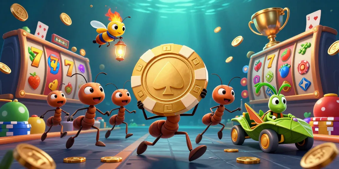 Engage with fly88's thrilling casino adventures featuring vibrant 3D ants on a heist with golden poker chips.