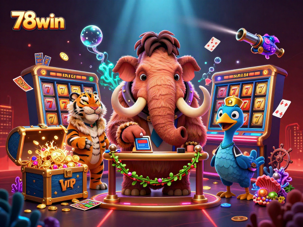 Engage with 78win's thrilling slots as the woolly mammoth bouncer checks IDs, enhancing the casino experience.