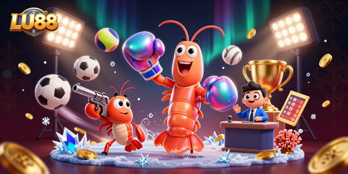 LU88 showcases a vibrant 3D casino scene with shrimp characters celebrating a big win.
