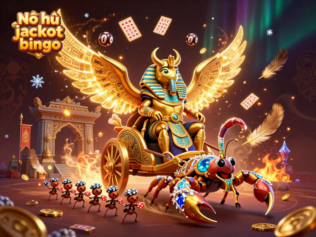 Engage in Nổ hũ jackpot bingo with a dynamic scene of bingo cards and festive elements.