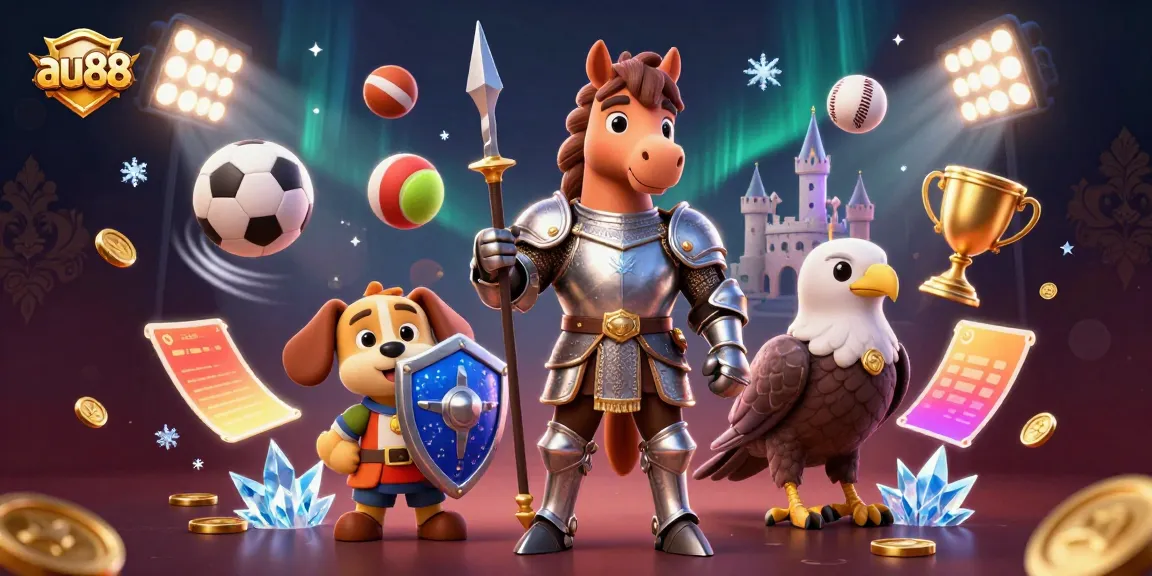 Experience thrilling gaming action at au88, where knights and pets join a vibrant casino scene with trophies and sports.