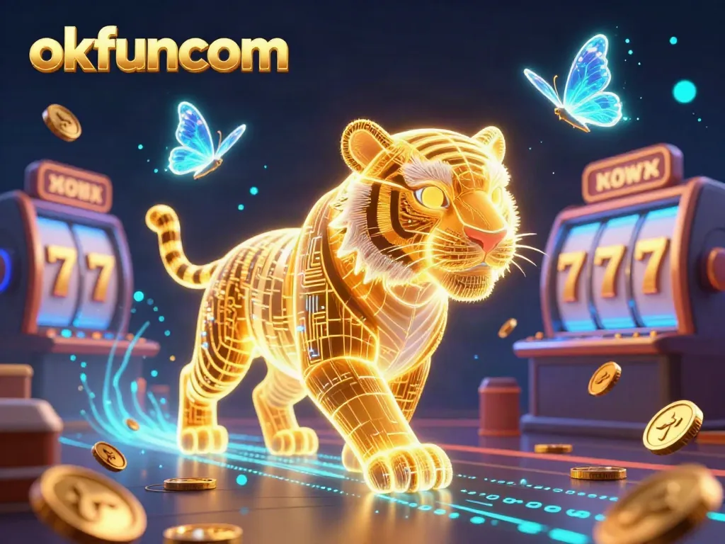 Experience thrilling gameplay at okfuncom with a neon-wireframe tiger in a vibrant casino environment.