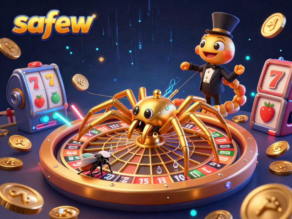 Experience safew's engaging slots with a whimsical spider spinning a colorful roulette web.