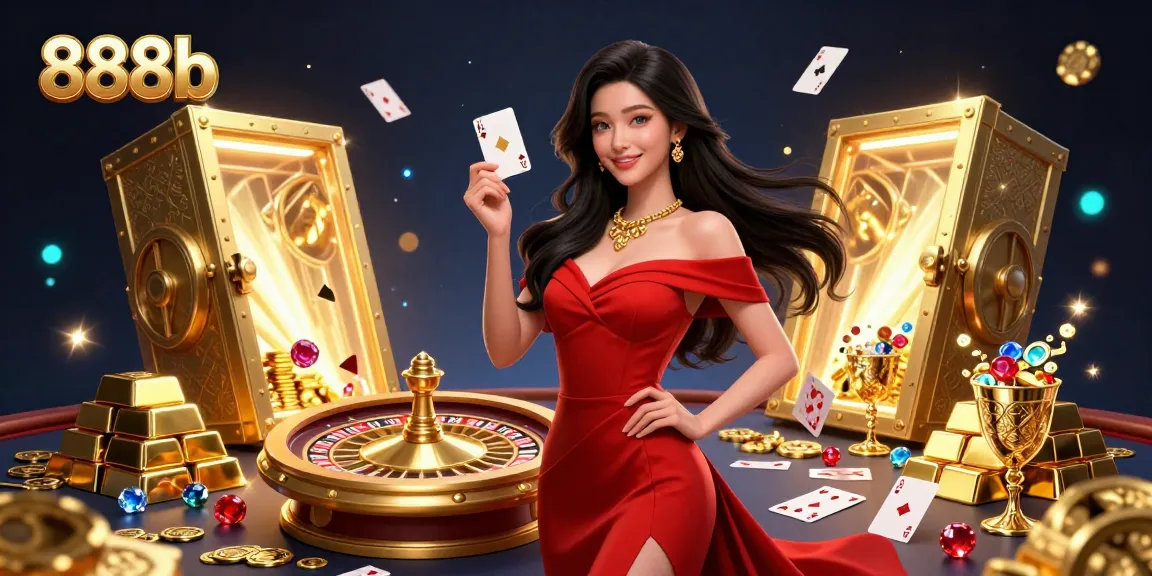 Experience thrilling moments at 888b with a stunning young Asian woman showcasing a golden playing card amidst a vibrant casino backdrop.