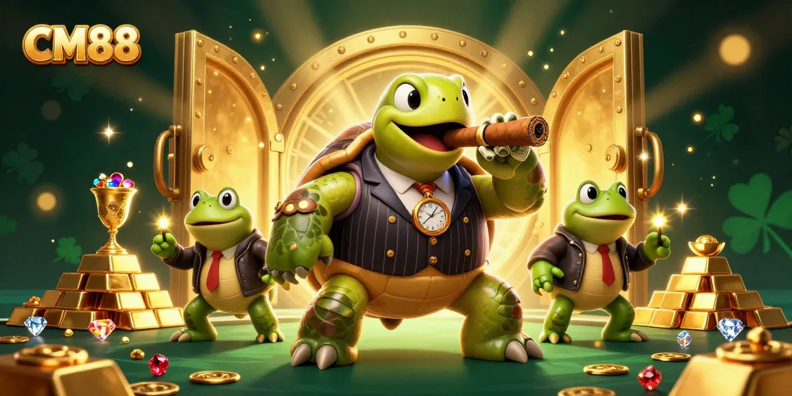Experience CM88 thrills with a snapping turtle mobster and bullfrog enforcers amidst dazzling casino treasures.