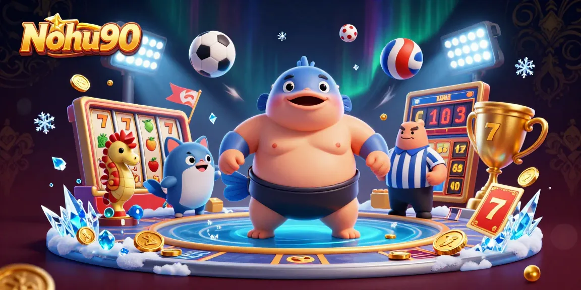 Nohu90 brings excitement with a vibrant underwater casino scene featuring a fugu and catfish refereeing a slot game.