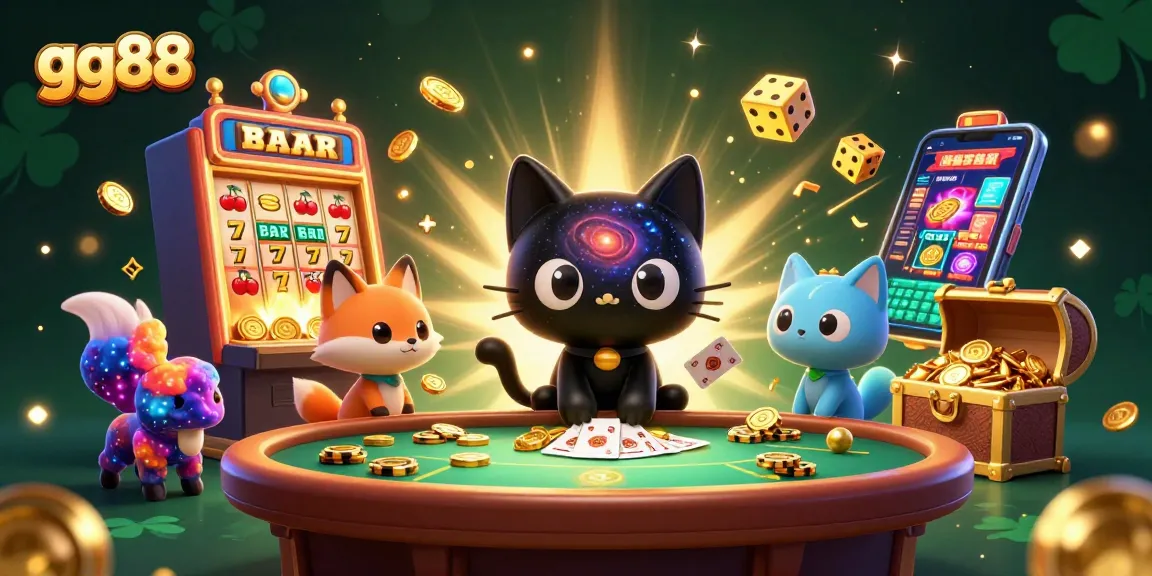 Experience the excitement of gg88 casino with a cosmic 3D scene of gambling treasures and playful characters.