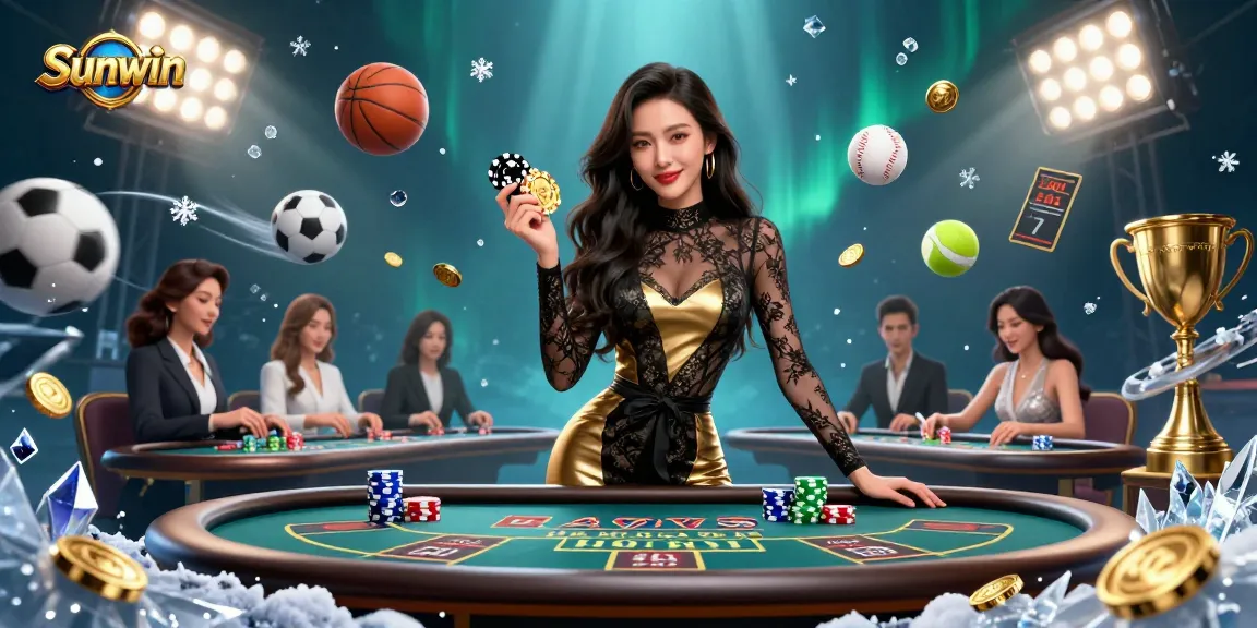 Experience the thrill of Sunwin with a glamorous baccarat scene featuring a confident woman and dynamic casino elements.