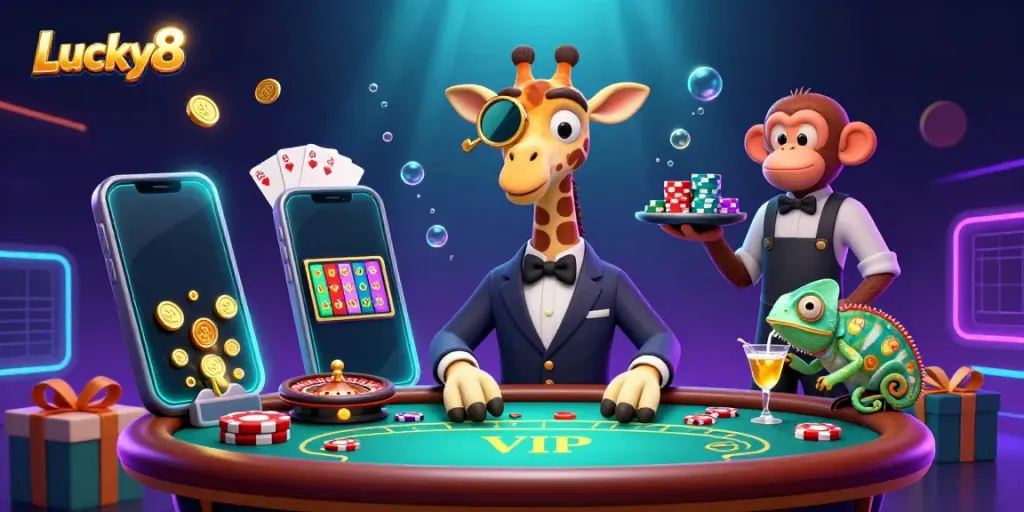 Win big in style at Lucky8 with high-roller giraffe and unique casino elements.