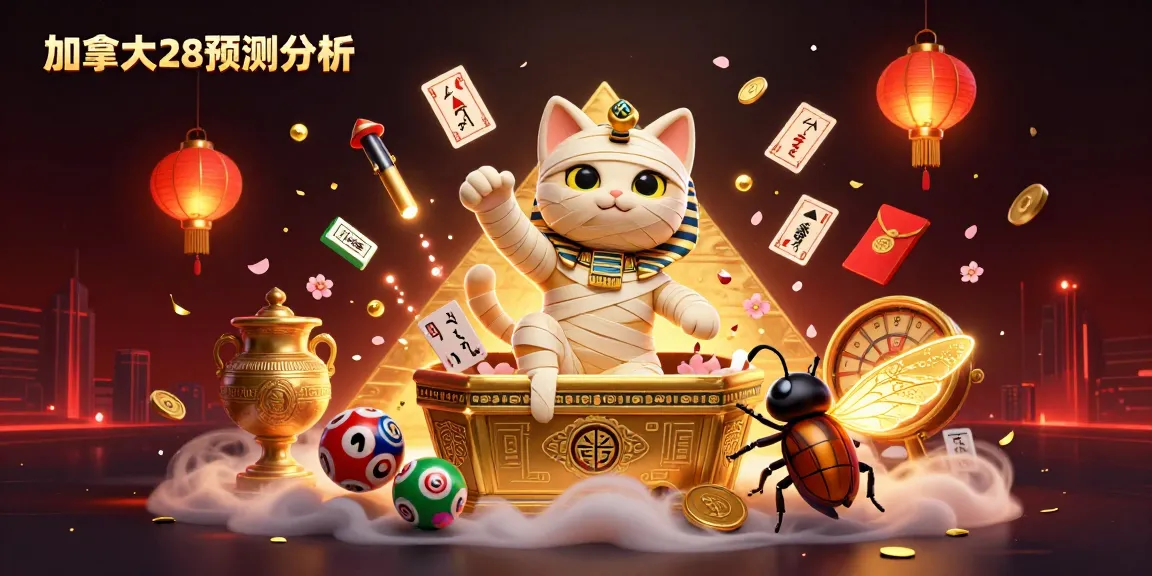 Engaging scene depicting 加拿大28预测分析 with an Egyptian mummy cat, scarab beetle, and lottery elements in a vibrant casino.
