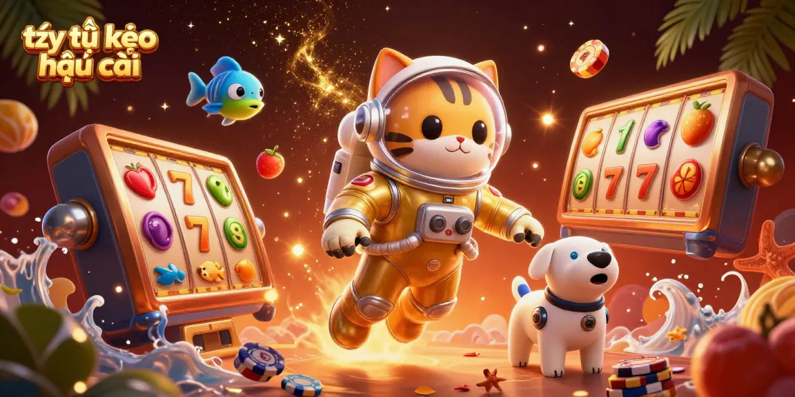 Engage with tỷ lệ kèo nhà cái through this vibrant 3D illustration of a space cat and slot machines.