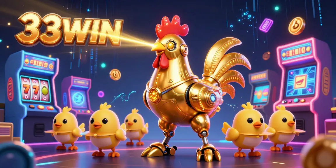 Engage with the exciting games at 33WIN featuring a vibrant scene filled with gold and neon elements.