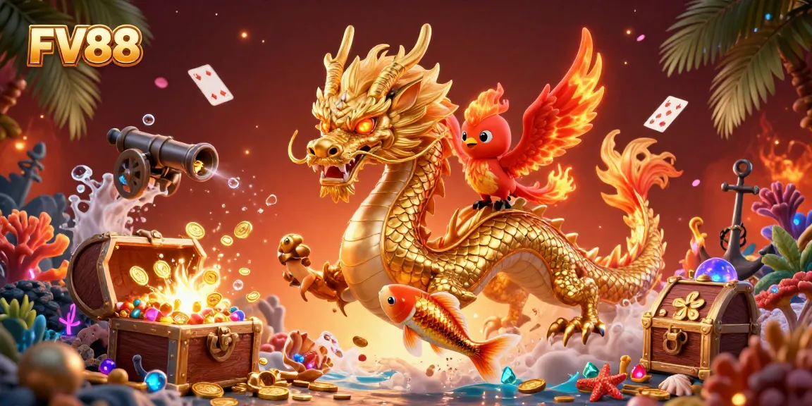 Engage with FV88's vibrant casino scene featuring a majestic dragon, animated phoenix, and lucky koi fish among treasures.