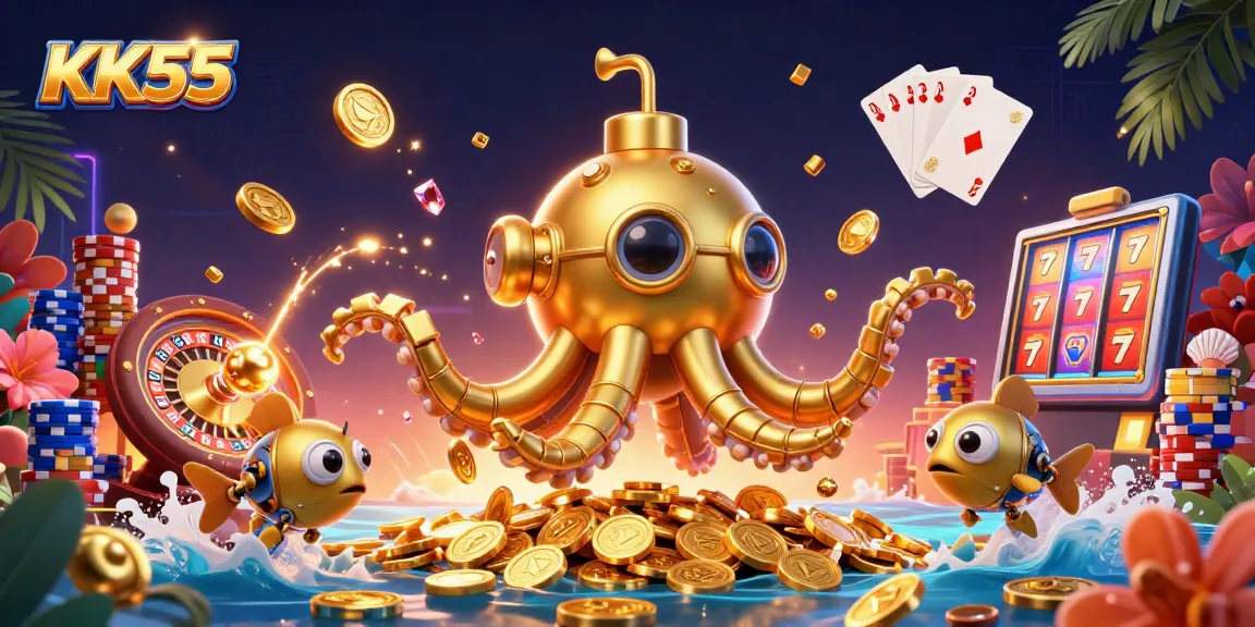 Experience exciting wins at KK55 with dynamic 3D casino elements featuring golden coins and a roulette wheel.