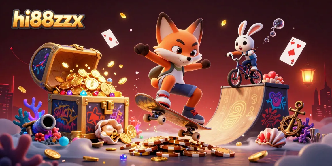Experience vibrant gameplay with hi88zzx, featuring cartoon fox and rabbit in a dynamic casino scene.