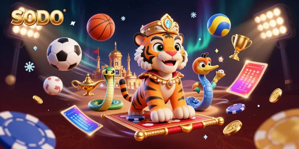 SODO casino scene featuring a tiger sultan, poker chip flying carpet, and dynamic sports elements.