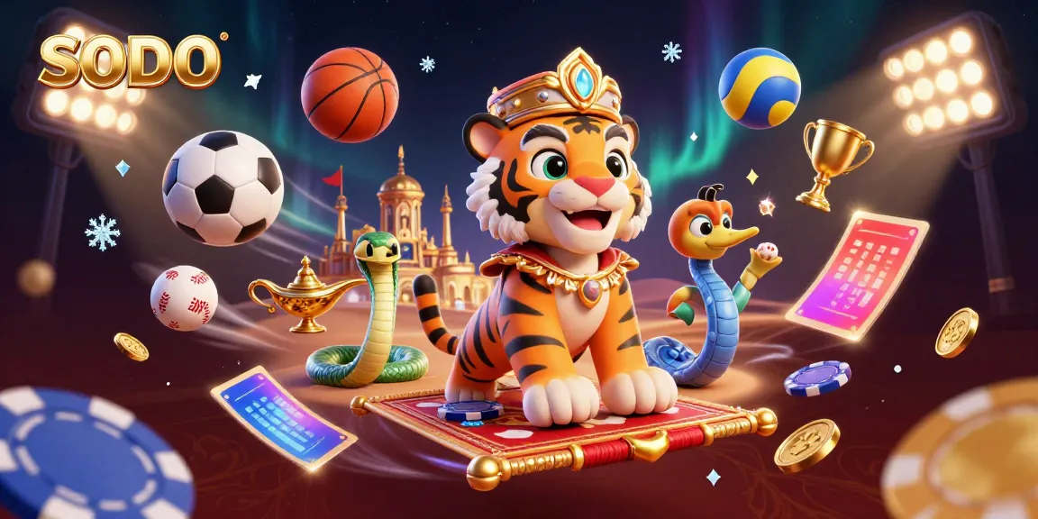 SODO casino scene featuring a tiger sultan, poker chip flying carpet, and dynamic sports elements.