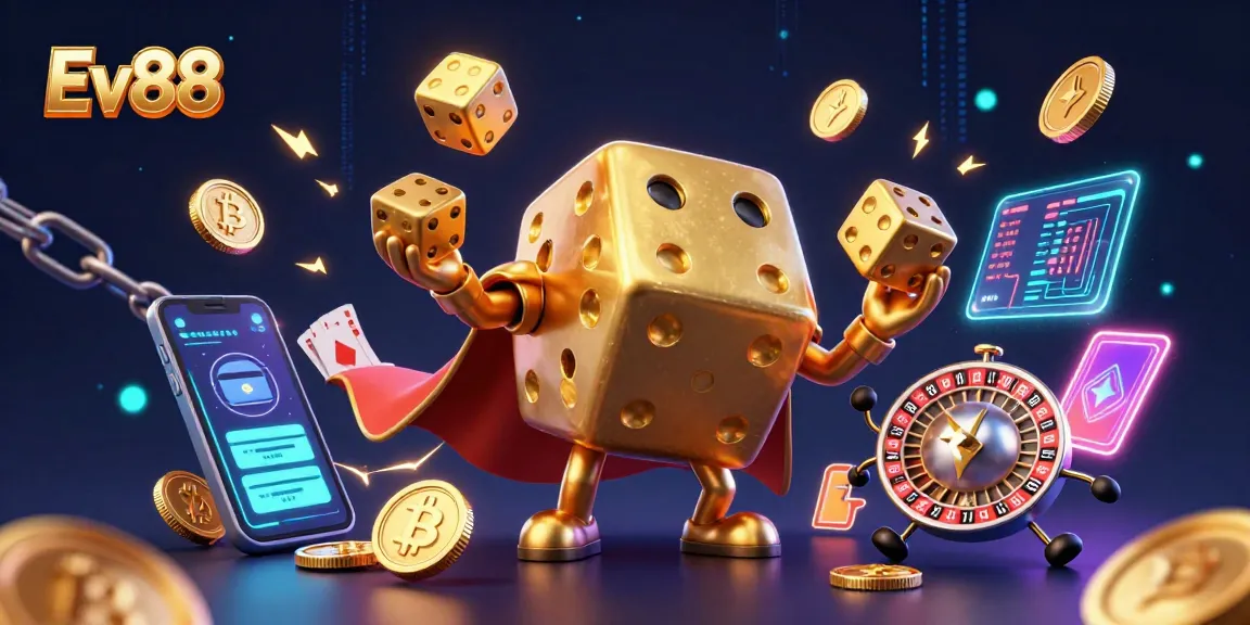 Join the excitement at Ev88 with a vibrant 3D casino illustration showcasing unique gaming elements.