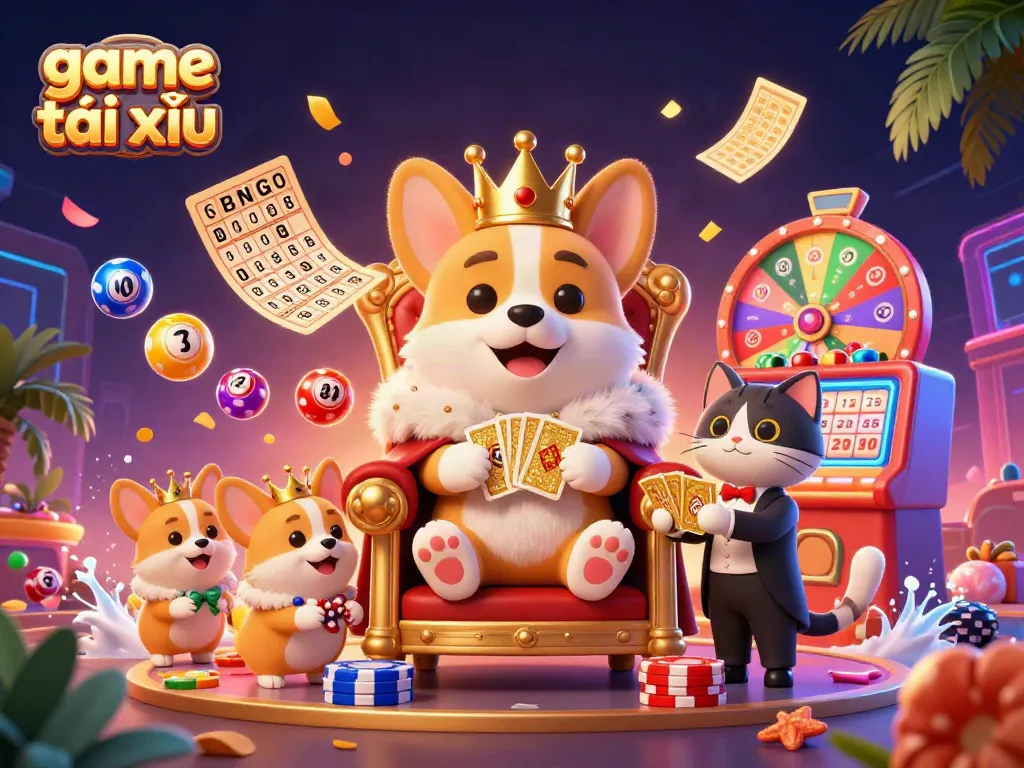 Experience the excitement of game tài xỉu with vibrant elements and characters in this dynamic casino scene.