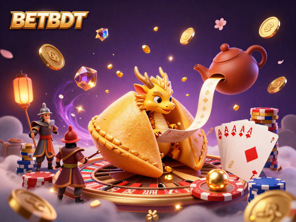 Experience thrilling gameplay and rich visuals at BETBDT with a vibrant casino scene featuring fortune cookies and golden elements.