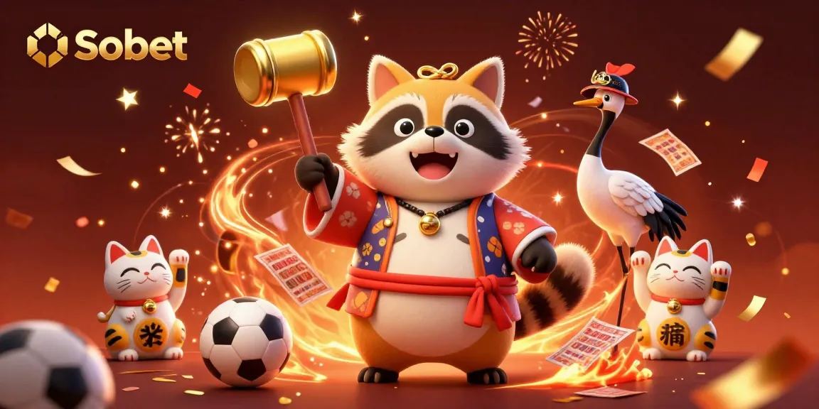 Experience Sbobet's vibrant sports betting scene with a cheerful tanuki, crane, and fortune cats.