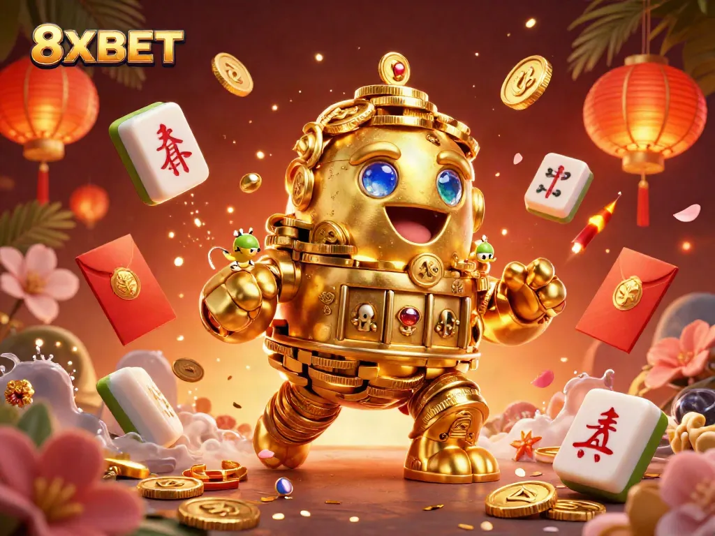 Experience the excitement of 8XBET with this vibrant 3D illustration showcasing a golden golem surrounded by casino elements.