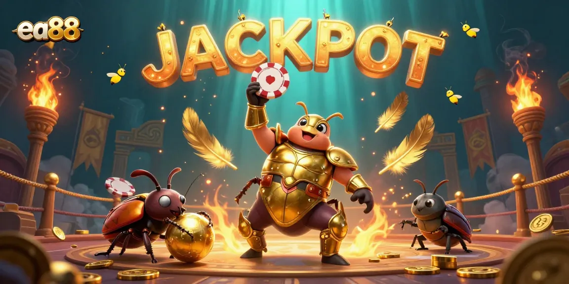 ea88's dynamic 3D illustration features a victorious beetle with poker chip amidst casino elements.