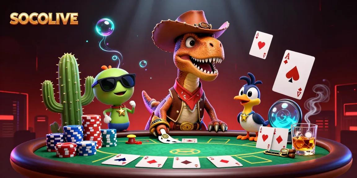 SOCOLIVE captivates with a 3D T-Rex and friends at a vibrant poker table scene.