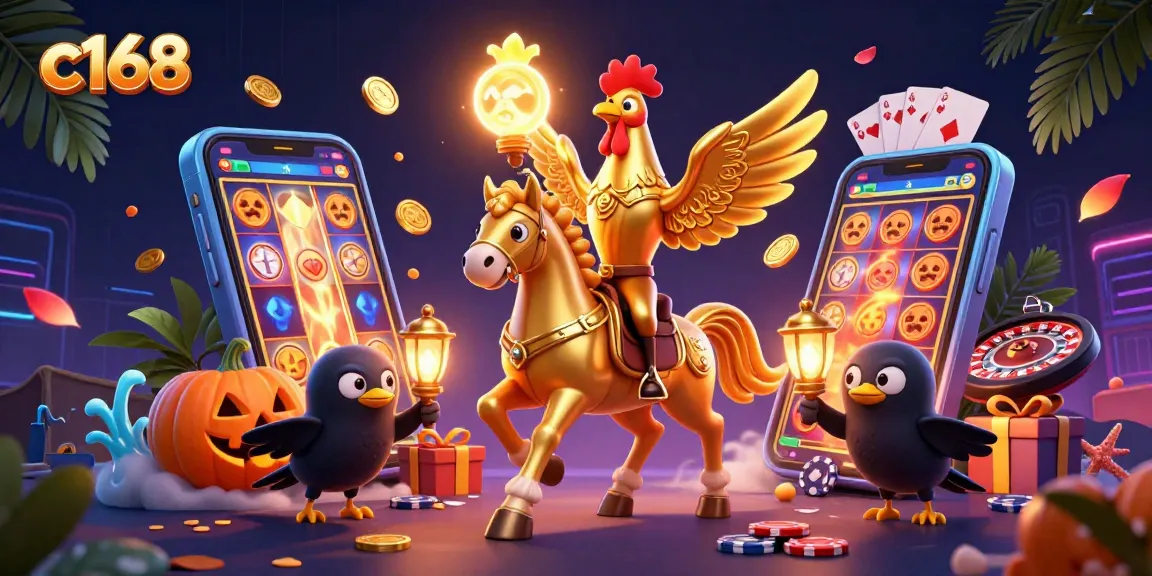 Engage with thrilling games at c168 with vibrant casino elements showcasing slots and golden coins.