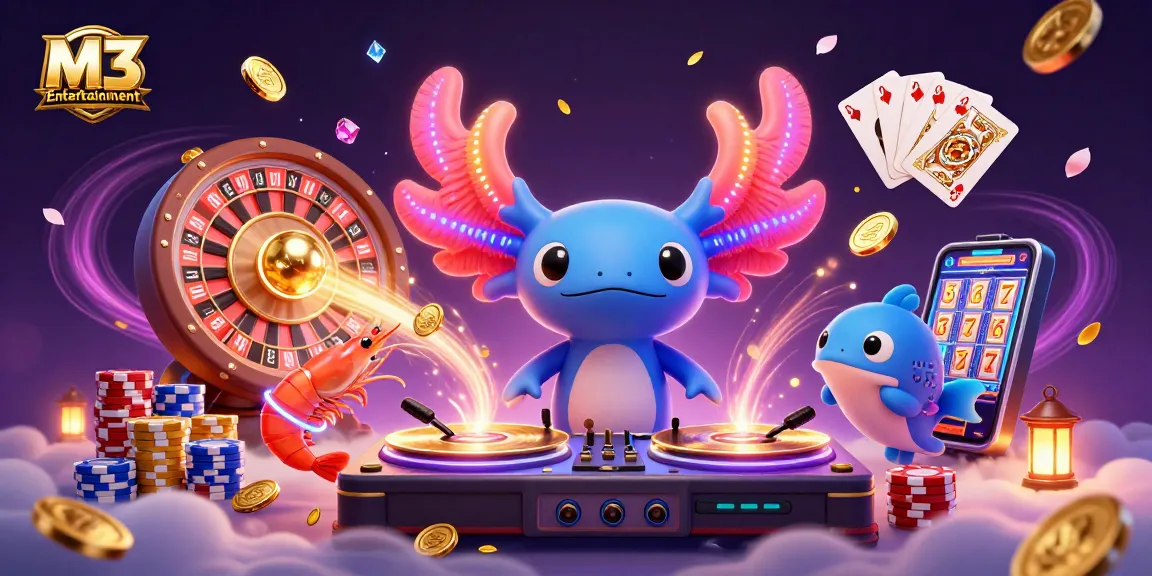 M3 Entertainment showcases an energetic casino scene with a vibrant axolotl DJ and lively sea creatures.