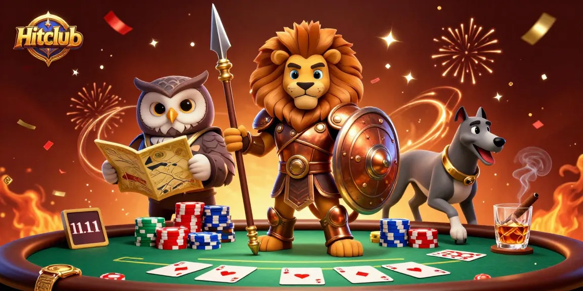 Hitclub poker scene with Spartan lion, tactical owl, and greyhound amidst vibrant casino elements.
