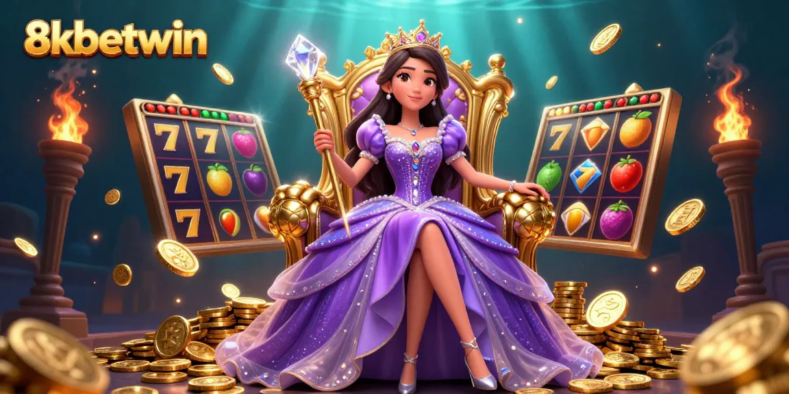 Experience thrilling slots with 8kbetwin, featuring a glamorous princess alongside dynamic jackpot elements.