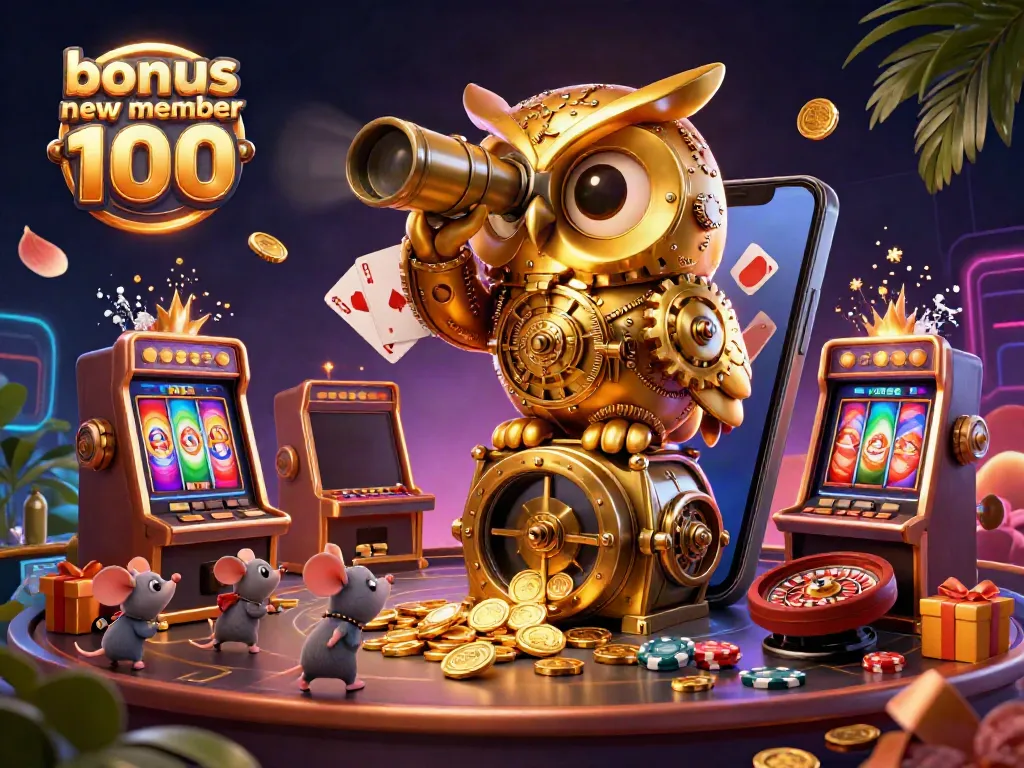 Experience the excitement of bonus new member 100 at the vibrant casino scene, featuring an animated golden owl and lively mice among slot machines.