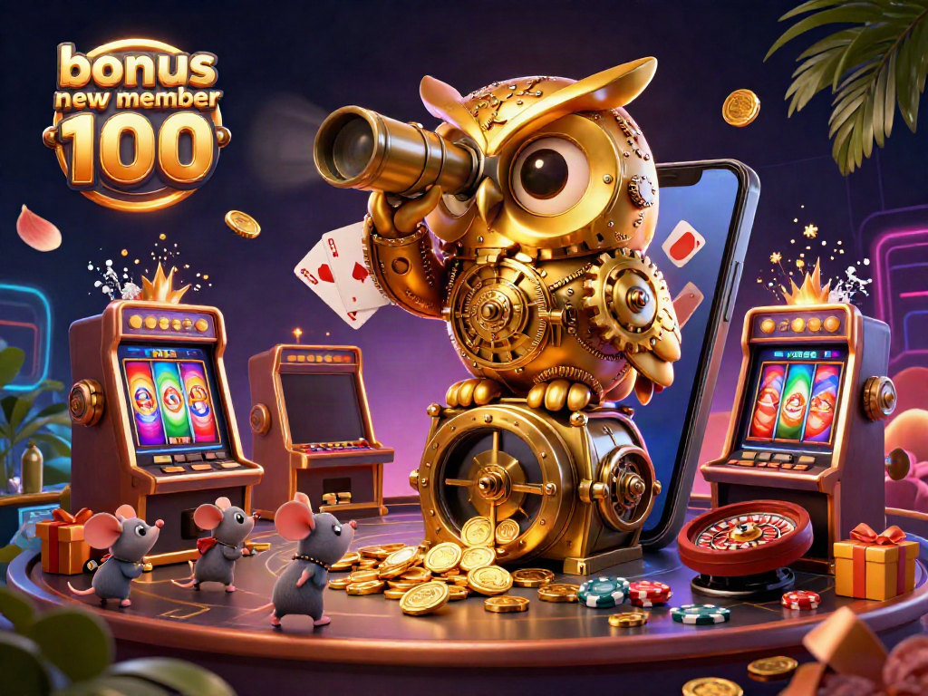 Experience the excitement of bonus new member 100 at the vibrant casino scene, featuring an animated golden owl and lively mice among slot machines.
