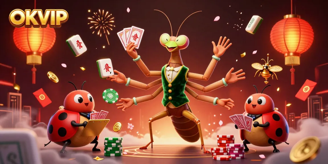 Experience vibrant gaming moments with OKVIP's stunning illustration featuring lively casino characters.