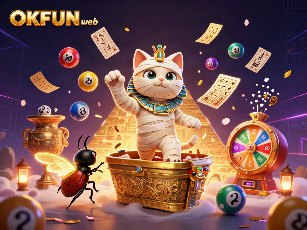 Engage in thrilling lottery action with OKFUN web featuring a colorful dynamic scene of a mummy cat and a glowing scarab