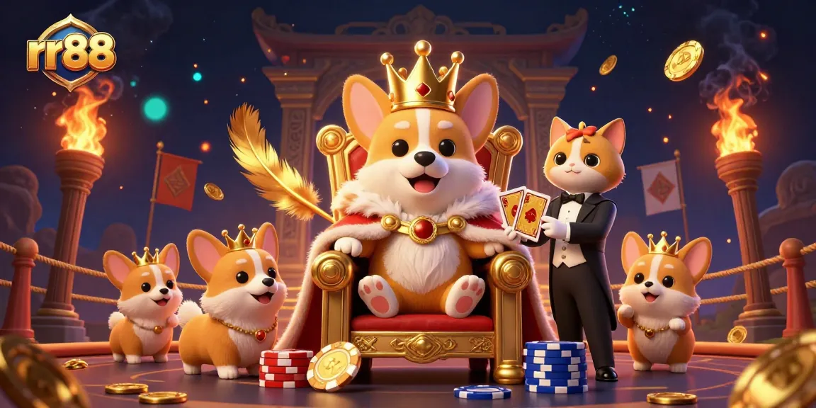 Experience thrilling gameplay at rr88 featuring a royal corgi on a throne of poker chips surrounded by dynamic gambling elements.