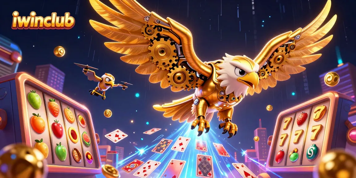 Engage with iwinclub's immersive gaming experience featuring a golden eagle in a vibrant casino scene.