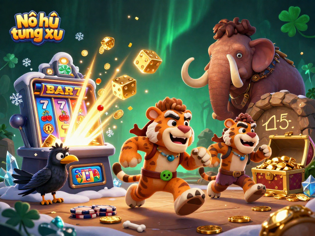 Experience the excitement of Nổ hũ tung đồng xu with vibrant characters and jackpot wins in this colorful illustration.