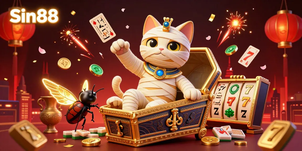 Experience the excitement of Sin88 with a vibrant 3D scene featuring an Egyptian mummy cat and games.