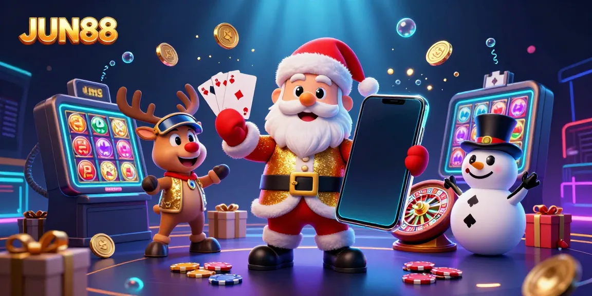 JUN88's festive casino experience features Santa and friends celebrating with slot game excitement.
