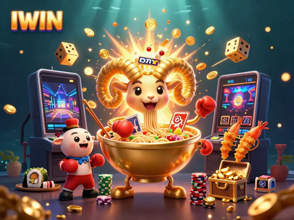 IWIN's vibrant casino scene features a giant ramen bowl character dealing cards, with cheerful sushi and tempura companions.