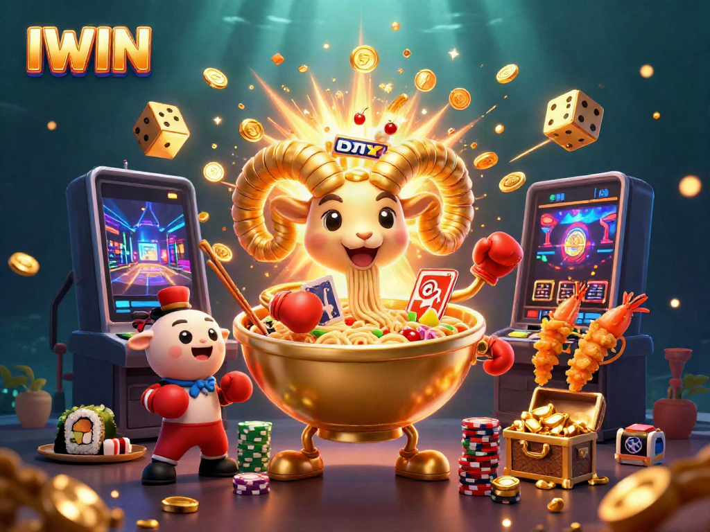 IWIN's vibrant casino scene features a giant ramen bowl character dealing cards, with cheerful sushi and tempura companions.