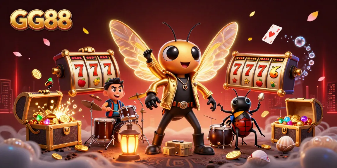 Win big at GG88 with dynamic casino-themed illustration featuring slots, vibrant characters, and golden treasures.