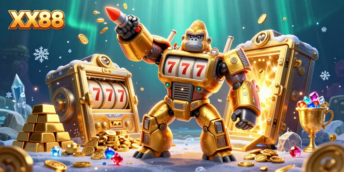 Experience exhilarating gaming with XX88, featuring a vibrant 3D mech surrounded by treasure and jackpots.