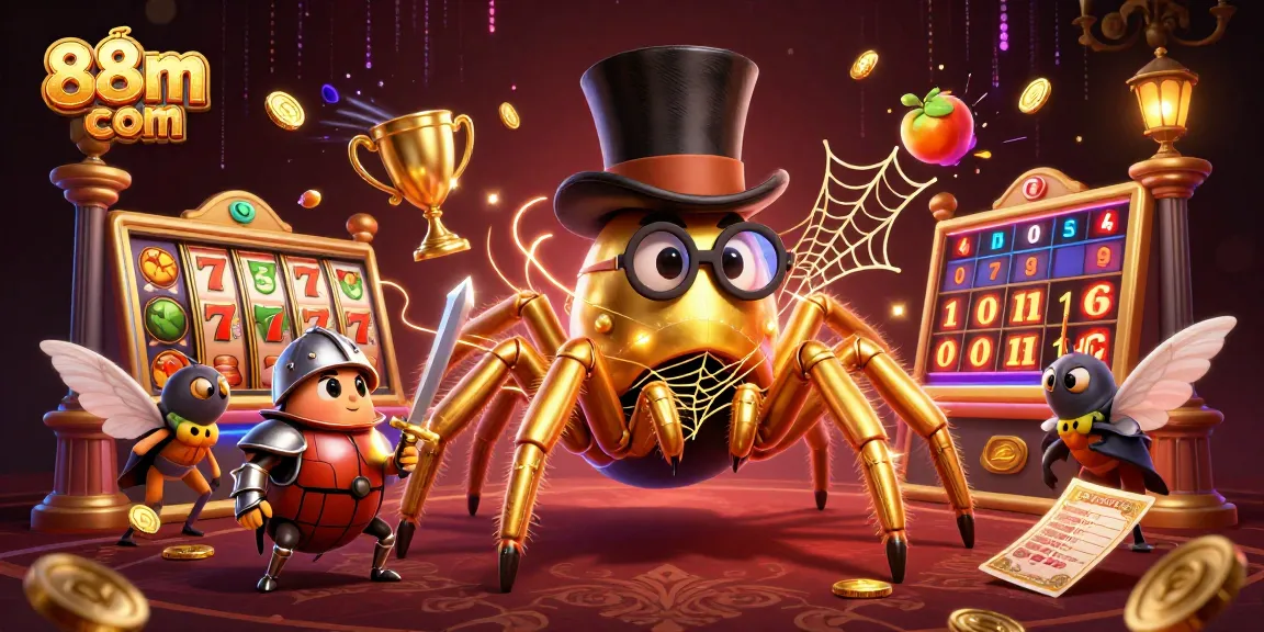 Experience thrilling moments with 88m com's golden tarantula casino scene, featuring dynamic slot elements and vibrant action.
