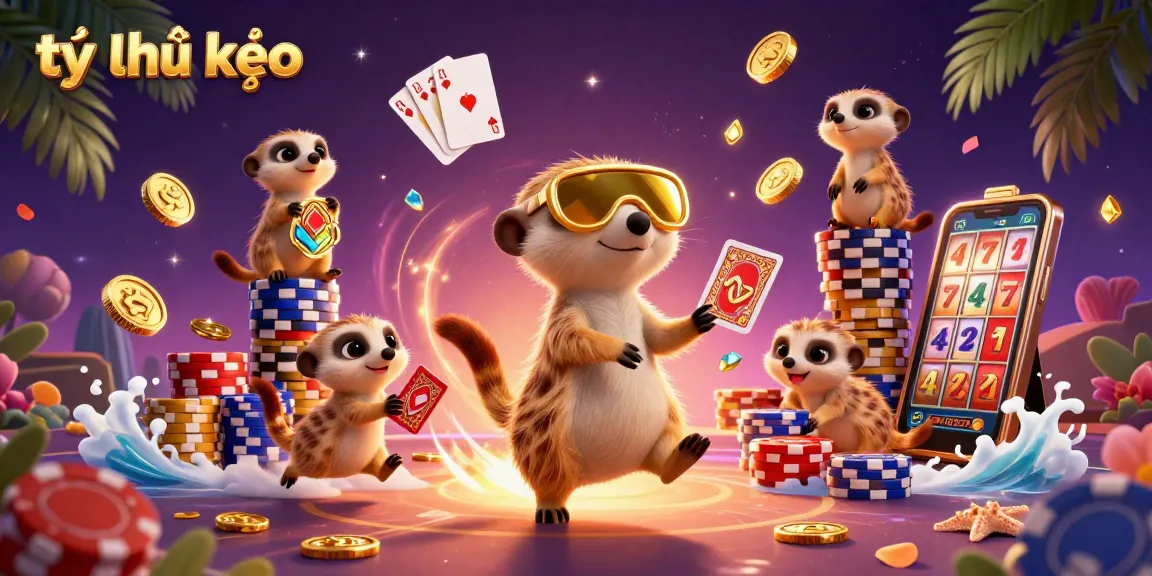 Experience the excitement of tỷ lệ kèo with lively meerkats managing a casino scene full of colorful chips, coins, and cards.