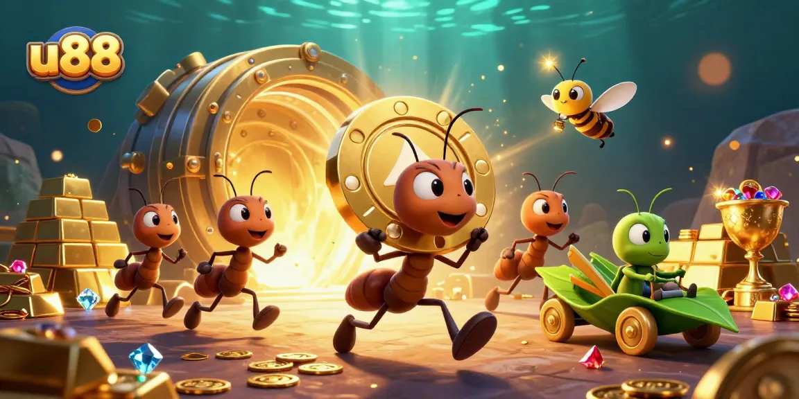 Engage in the thrilling heist of u88 with a team of ants using a giant poker chip in a vibrant casino scene.
