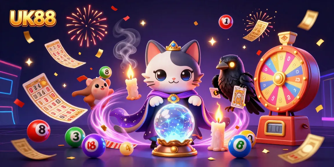 Engage with UK88 gaming magic featuring mystical characters, lottery elements, and vibrant celebration.