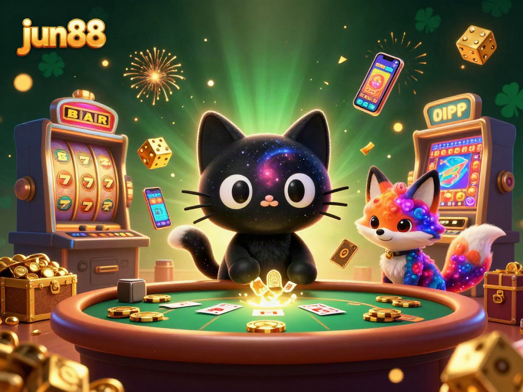 Experience jun88 with a cartoon black hole cat captivating players at a cosmic casino table.